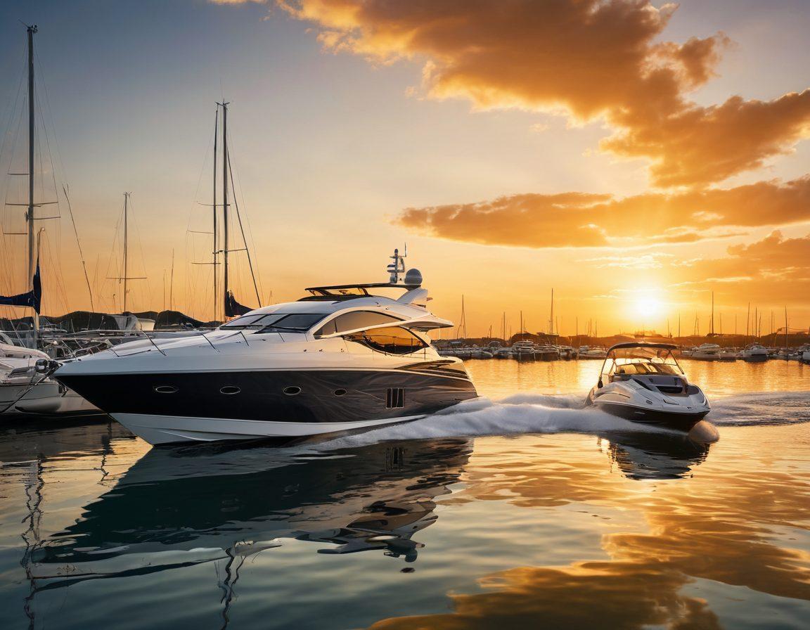 A sophisticated marina scene featuring a sleek yacht and a jet ski docked beside each other. The sun sets in the background, casting a golden hue over the water, highlighting the shimmering waves. In the foreground, visualize marine insurance documents with nautical elements like anchors and ropes artistically integrated. The entire scene should evoke a sense of luxury and adventure on the water. super-realistic. vibrant colors.