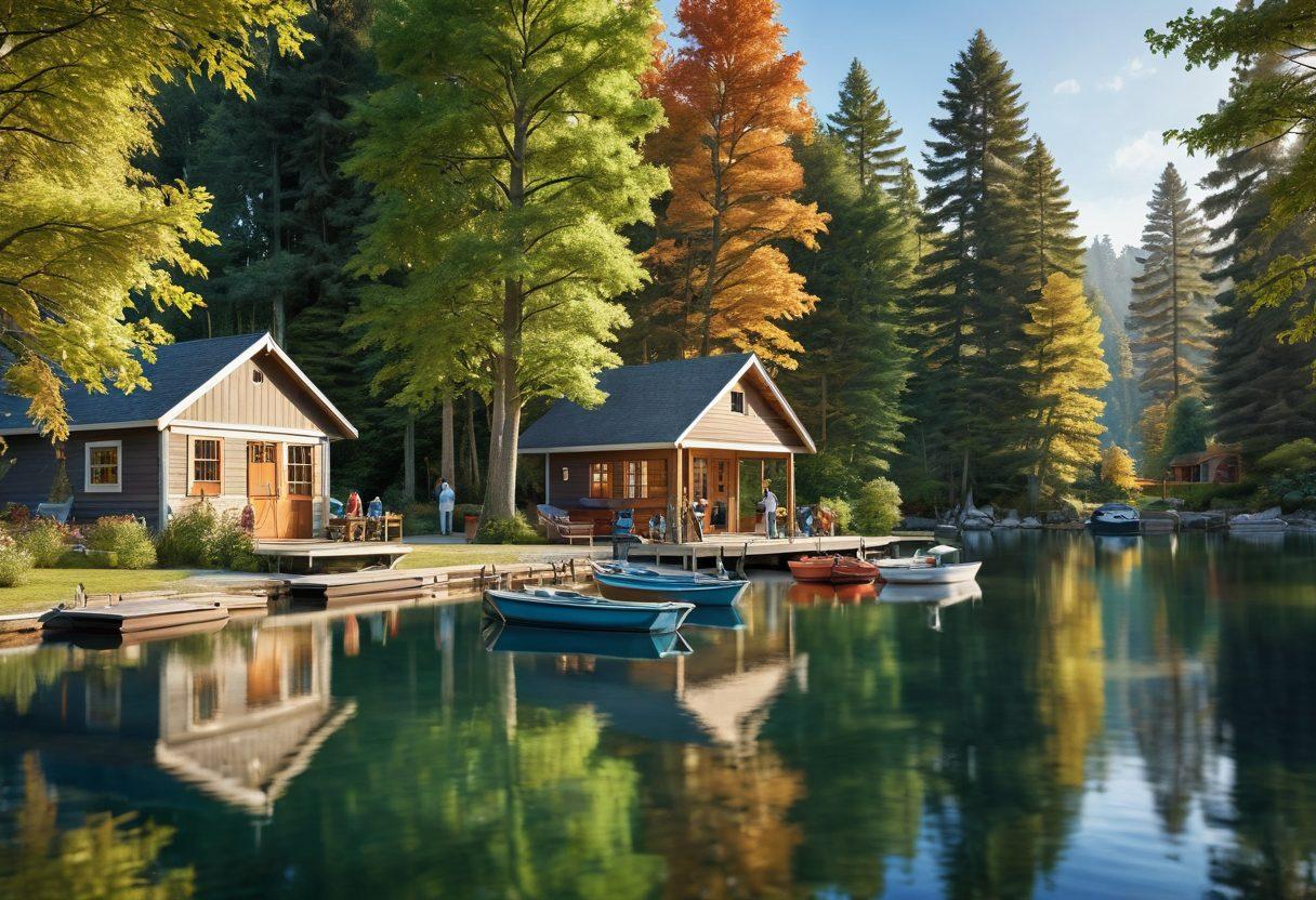 A serene lake scene with a variety of boats, showcasing different types of insurance coverage. Include a diverse group of people reviewing documents in a cozy boathouse, depicting the importance of comprehensive boat insurance. Light filtering through trees, reflecting on the water, emphasizing safety and peace of mind. super-realistic. vibrant colors. 3D.