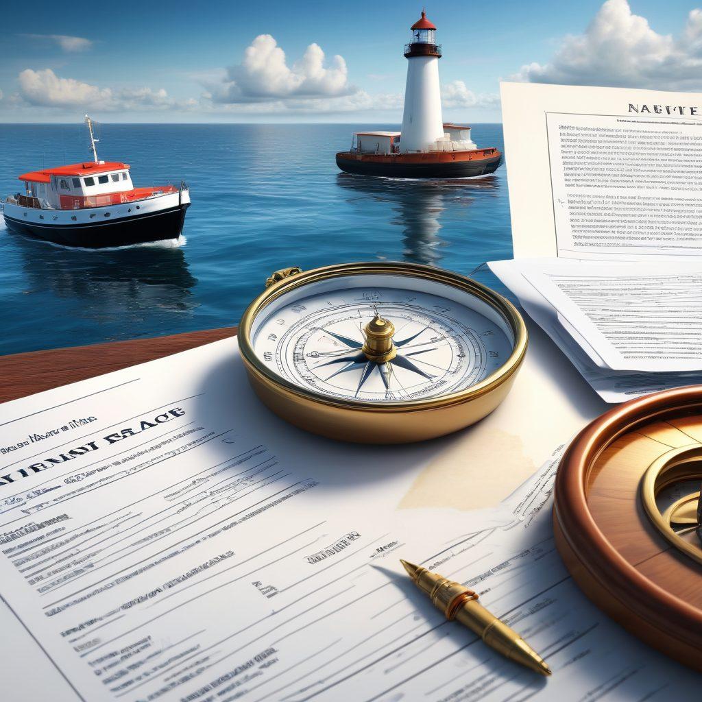 A serene seascape featuring various types of boats on calm waters, with a compass and insurance documents in the foreground, symbolizing guidance and protection. The sky should be bright and sunny, reflecting a sense of adventure and safety. Include a lighthouse in the distance, conveying the theme of navigation in marine insurance. super-realistic. vibrant colors. 3D.